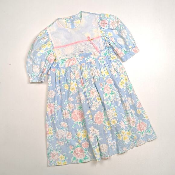 Vintage Dress Girls Sz 6x Pastel Floral Party 80s Cottagecore Bib Collar - Picture 1 of 4
